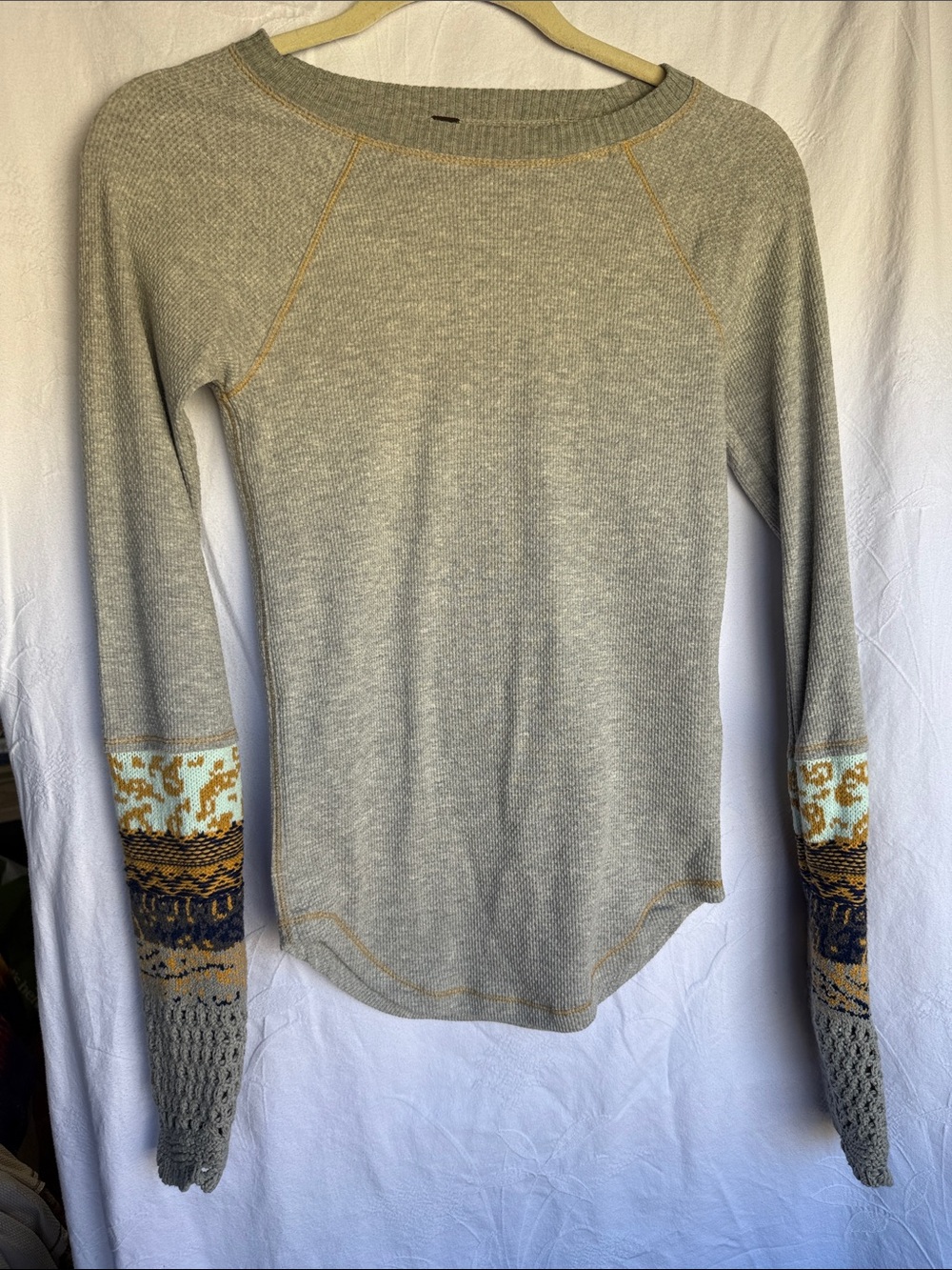Free People Light Gray Women's Thermal Shirt with Crochet Cuffs Small